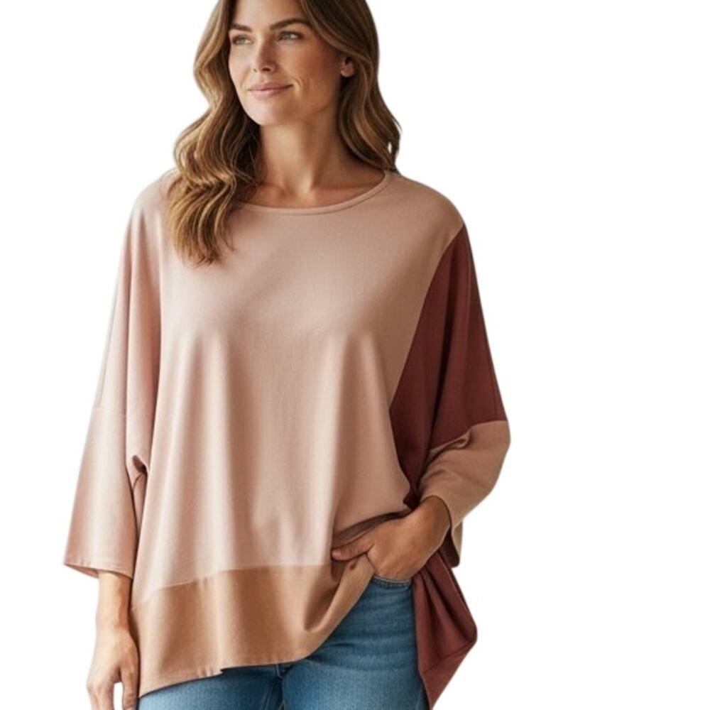 WynneLayers Luxe Crepe Colorblock Top Womens Large Shell Pink Camel Marla Wynne